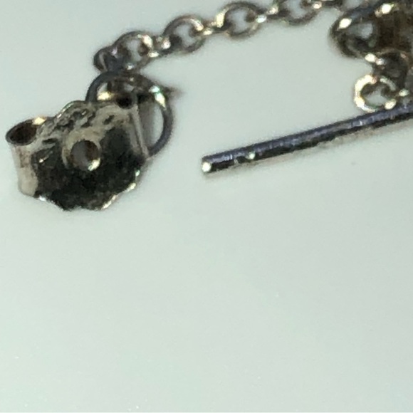 STERLING Silver & Cz Stones Stud Earrings w Chain Attached to Backing .7” - Picture 5 of 6